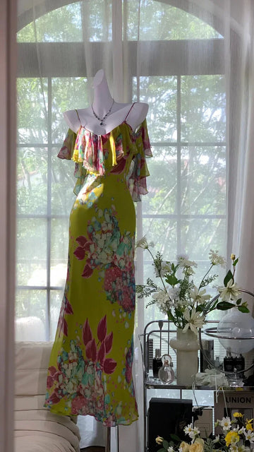 Green Print Floral Mermaid Spaghetti Strap Chiffon Backless Evening Dress Party Dress HZ1023